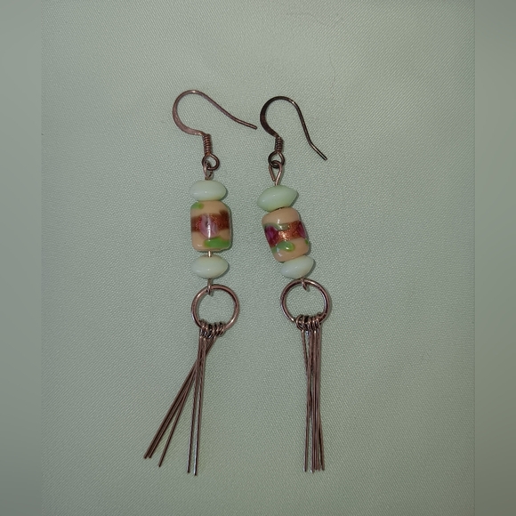 Handmade~Metallic Tan Pale Blue Beaded Silver Dangle Earrings NWOT - Picture 9 of 11